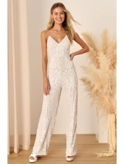 Catch a Sparkle White and Beige Sequin Jumpsuit