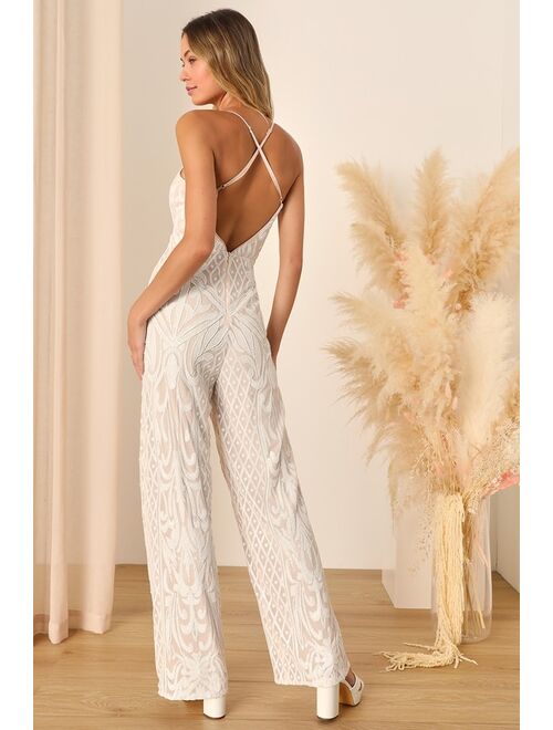 Lulus Catch a Sparkle White and Beige Sequin Jumpsuit