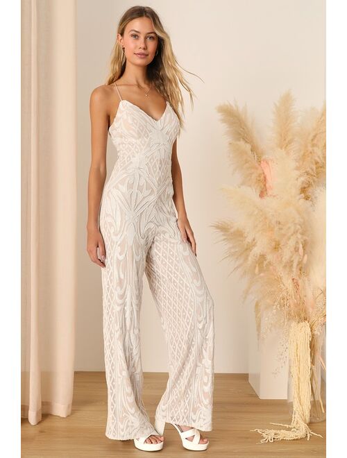 Lulus Catch a Sparkle White and Beige Sequin Jumpsuit