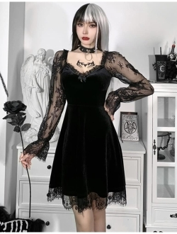 LANSHULAN Lace Long Sleeve Dress Black Draped Bodycon Goth Vintage Dresses