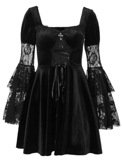 LANSHULAN Lace Long Sleeve Dress Black Draped Bodycon Goth Vintage Dresses