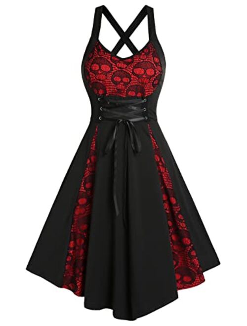 DRESSFO Women's 2023 Gothic Dress Punk Spaghetti Strap Dress Retro Empire Waist Dress Vintage Lace Up 1950s Dresses