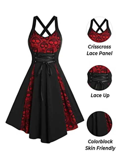 DRESSFO Women's 2023 Gothic Dress Punk Spaghetti Strap Dress Retro Empire Waist Dress Vintage Lace Up 1950s Dresses