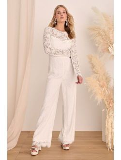 All The Adoration White Lace Long Sleeve Wide-Leg Jumpsuit