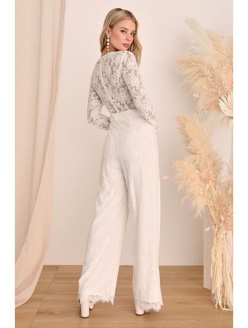 Lulus All The Adoration White Lace Long Sleeve Wide-Leg Jumpsuit