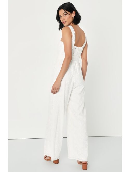 Lulus Sweetest Angel Ivory Eyelet Embroidered Tie-Front Jumpsuit