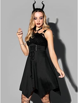 DRESSFO Women Gothic Dress Lace-up Halter Summer Midi Dress Casual Adjustable Zipper Dress