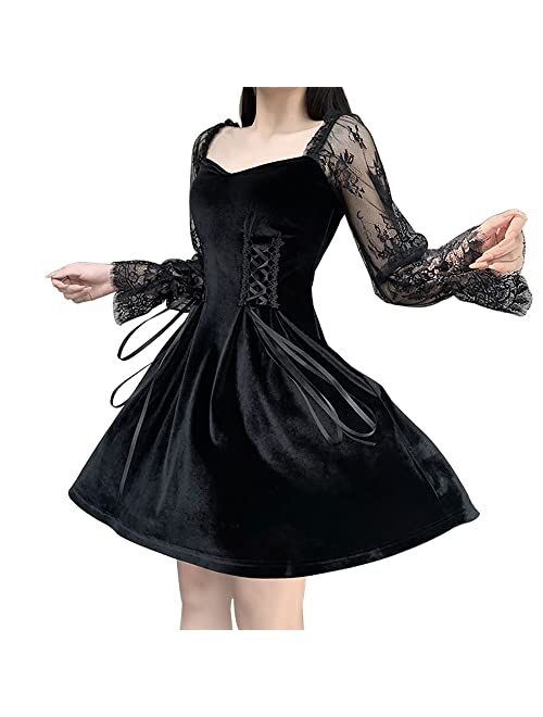 Aulkeep Womens Gothic Lolita Lace Sleeve Mini Dress Lace-up Goth Short Black Punk Dresses for Women Cosplay Party Prom