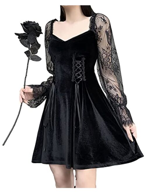 Aulkeep Womens Gothic Lolita Lace Sleeve Mini Dress Lace-up Goth Short Black Punk Dresses for Women Cosplay Party Prom