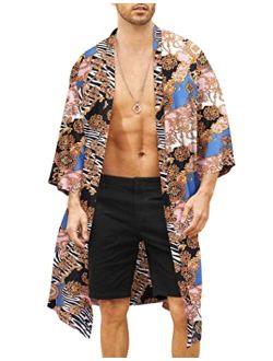 Men's Lightweight Kimono Robe Jacket Printed Japanese Style Bathrobes Casual Open Front Long Cardigan Coat Outwear