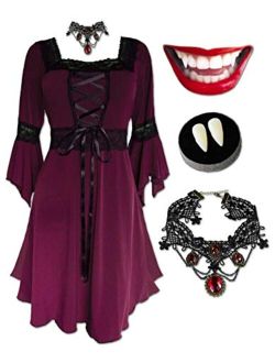 Dare to Wear Eternal Vampire Costume: Fangs, Faux Ruby Choker & Timeless Gothic Victorian Women's Renaissance Dress
