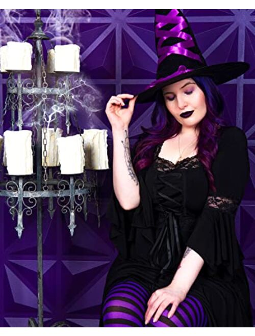 Dare to Wear Sorceress Costume: Ribbon Witch Hat, Pentagram Pendant, Striped Tights & Gothic Women's Black Renaissance Dress