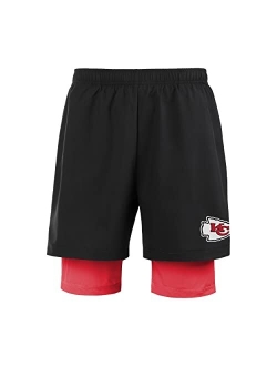 FOCO Men's NFL Team Logo 2 in 1 Athletic Gym Workout Performance Shorts with Lining