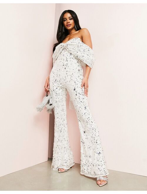 ASOS LUXE Bow bardot embellished jumpsuit in white