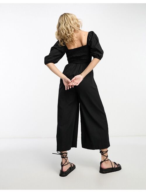 ASOS DESIGN linen look shirred bodice puff sleeve jumpsuit in black