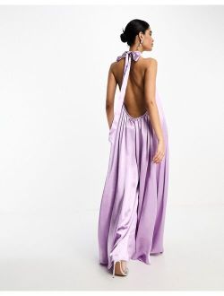 satin halter neck backless wide leg jumpsuit in lilac