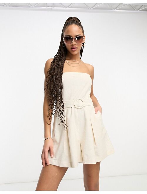 ASOS DESIGN bandeau linen look romper with detachable straps in oatmeal