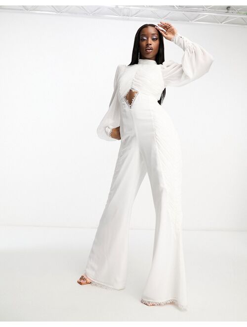 ASOS LUXE ruched chiffon jumpsuit with blouson sleeve and lace detail in white
