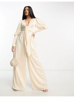 Collective The Label exclusive plunge front wide leg jumpsuit in oyster