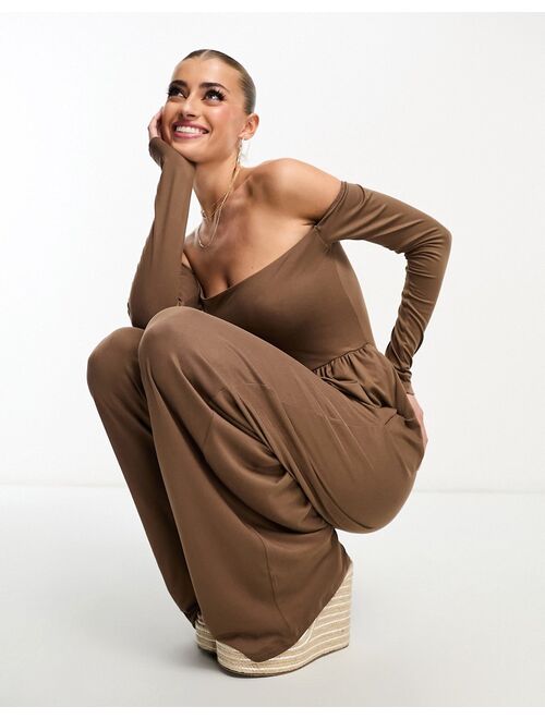 ASOS DESIGN soft touch bardot jumpsuit with wide leg in mocha