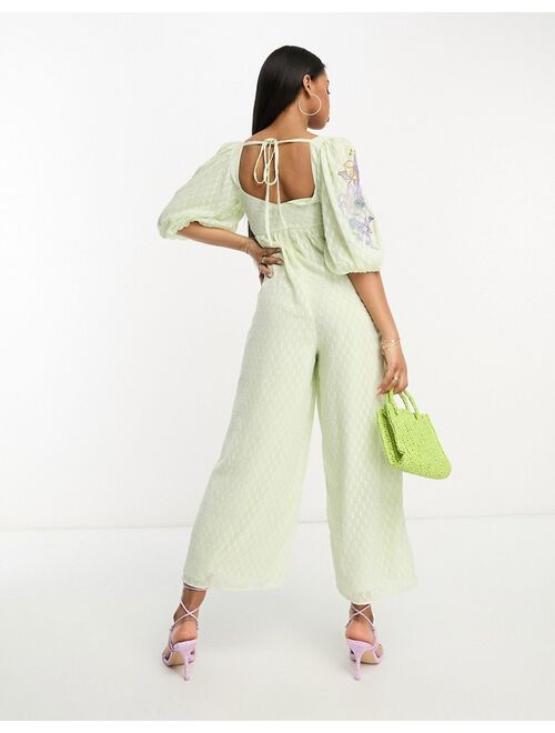 ASOS DESIGN smock culotte jumpsuit with embroidery in mint