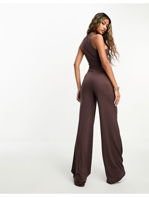 ASOS DESIGN soft touch racer neck jumpsuit with wide leg in chocolate