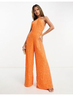 sequin triangle halterneck jumpsuit in orange