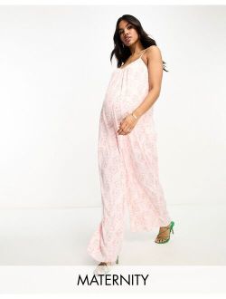 Glamorous Maternity lace-back strappy smock jumpsuit in pink floral