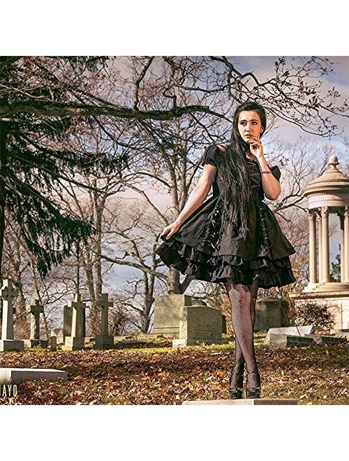 Ainclu Womens Classic Black Layered Lace-up Goth Lolita Dress