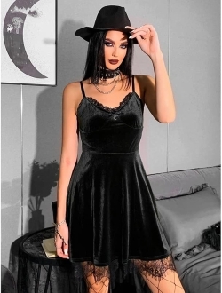 Ingoticos Women Gothic Dress,Lace Velvet Dress Black Lace Goth Vintage Dresses Clothes