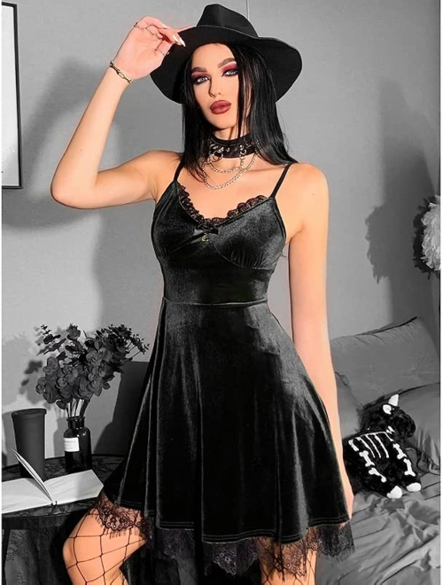 Ingoticos Women Gothic Dress,Lace Velvet Dress Black Lace Goth Vintage Dresses Clothes