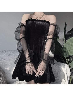 TSMNZMU Goth Lolita Black Empire-Waist Pleated Chic Dress Mesh Long Sleeve Cami Dresses