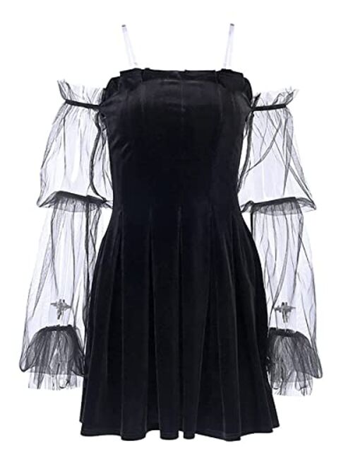 TSMNZMU Goth Lolita Black Empire-Waist Pleated Chic Dress Mesh Long Sleeve Cami Dresses