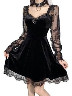 Kisswow Gothic Sleeveless Lace Dress Halloween A-Line Mini Dress Summer Womens Spaghetti Strap Velvet Dresses Black