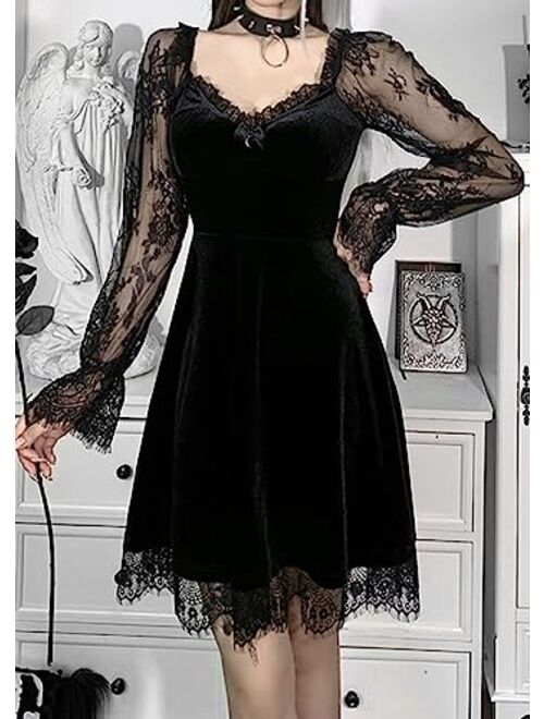Kisswow Gothic Sleeveless Lace Dress Halloween A-Line Mini Dress Summer Womens Spaghetti Strap Velvet Dresses Black