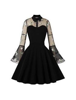 Women's Vintage 1950s Floral Lace Butterfly Ruffle Sleeve Cocktail Birthday Party Dress Up Wedding Swing Hepburn 60s Costume