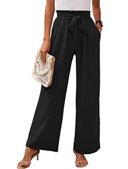 Heymoments Women's Wide Leg Lounge Pants with Pockets Lightweight High Waisted Adjustable Tie Knot Loose Trousers