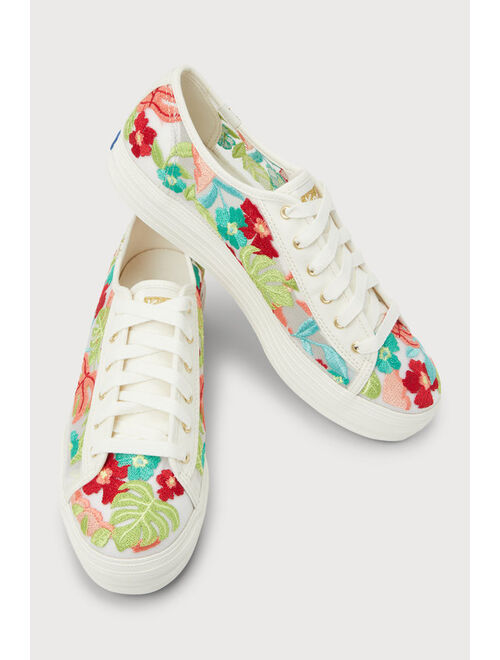 Keds Triple Kick White Coral Tropical Embroidered Platform Sneakers