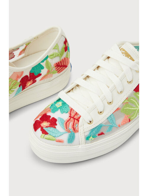Keds Triple Kick White Coral Tropical Embroidered Platform Sneakers