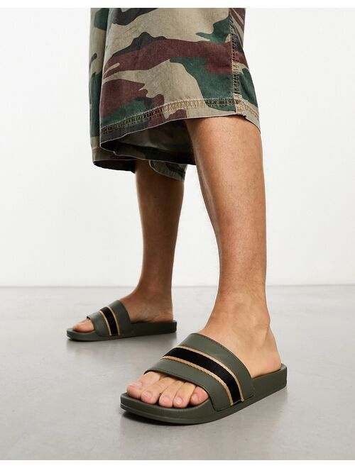 Truffle Collection gold print sliders in khaki
