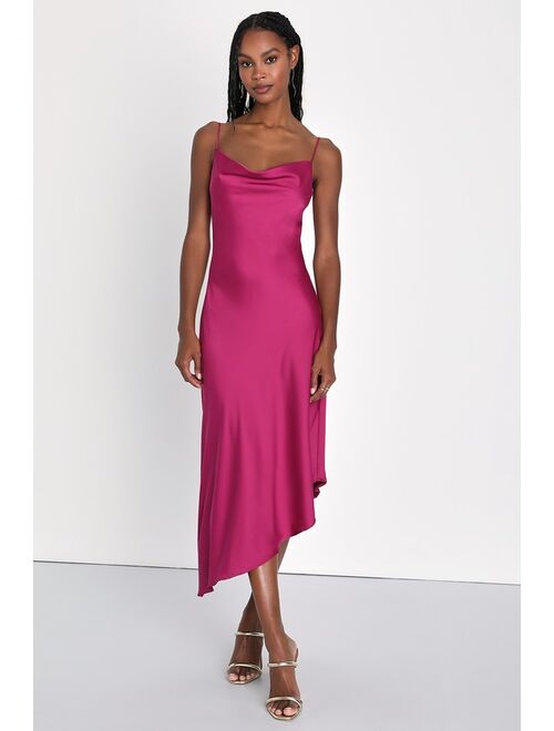 Lulus Iconic Stunner Magenta Satin Cowl Neck Asymmetrical Midi Dress