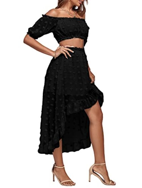 LYANER Womens 2 Piece Outfit Dress Off Shoulder Crop Top High Waist Ruffle Midi Skirt Set