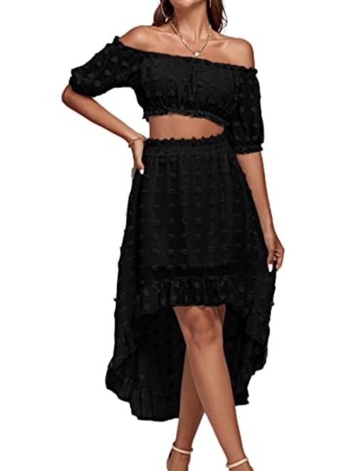 LYANER Womens 2 Piece Outfit Dress Off Shoulder Crop Top High Waist Ruffle Midi Skirt Set