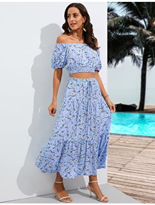 BLUEMING Women's Summer Floral Printed 2 Piece Outfit Off Shoulder Crop Top and Boho Tropical Long Skirt Set