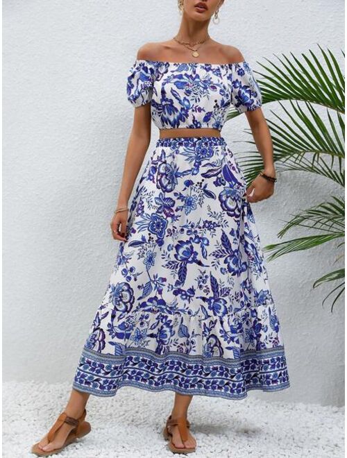 SHEIN VCAY Floral Print Off Shoulder Crop Top & Ruffle Hem Skirt