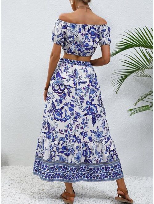 SHEIN VCAY Floral Print Off Shoulder Crop Top & Ruffle Hem Skirt
