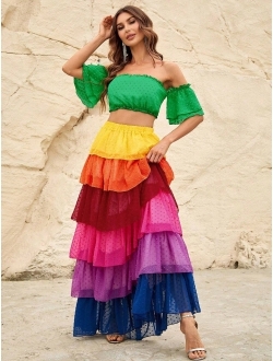 Off Shoulder Crop Top & Colorblock Layered Hem Skirt