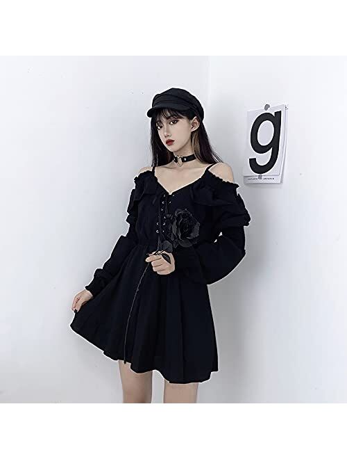 Pexizuan Gothic Dress Women's Dress Plus Size lace Autumn Dress Strapless Long Sleeve Kawaii Black Dress