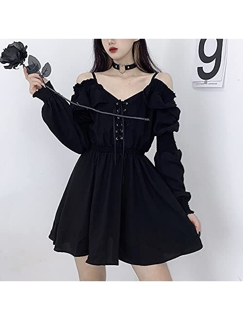 Pexizuan Gothic Dress Women's Dress Plus Size lace Autumn Dress Strapless Long Sleeve Kawaii Black Dress