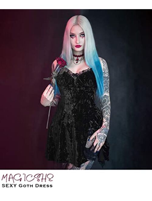 MAGICSHE Goth Dress for Women Gothic Dresses A-Line Velvet Dresses Lace Emo Dress Gothic Stretchy Sexy Slip Dress
